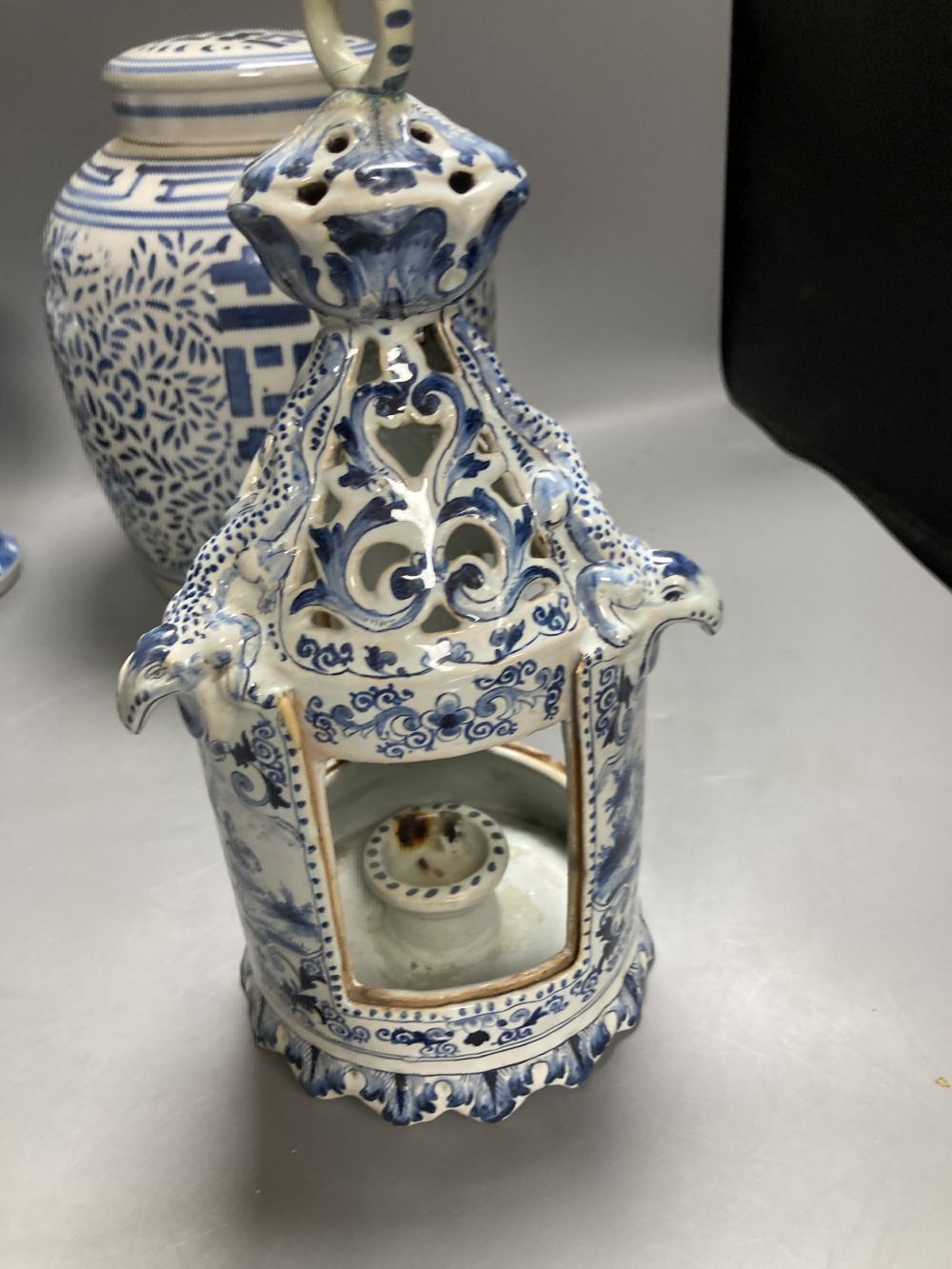 A Chinese famille rose dessert dish, 27cm, assorted Chinese blue and white porcelain and a delft ware hanging candle lantern, 26cm